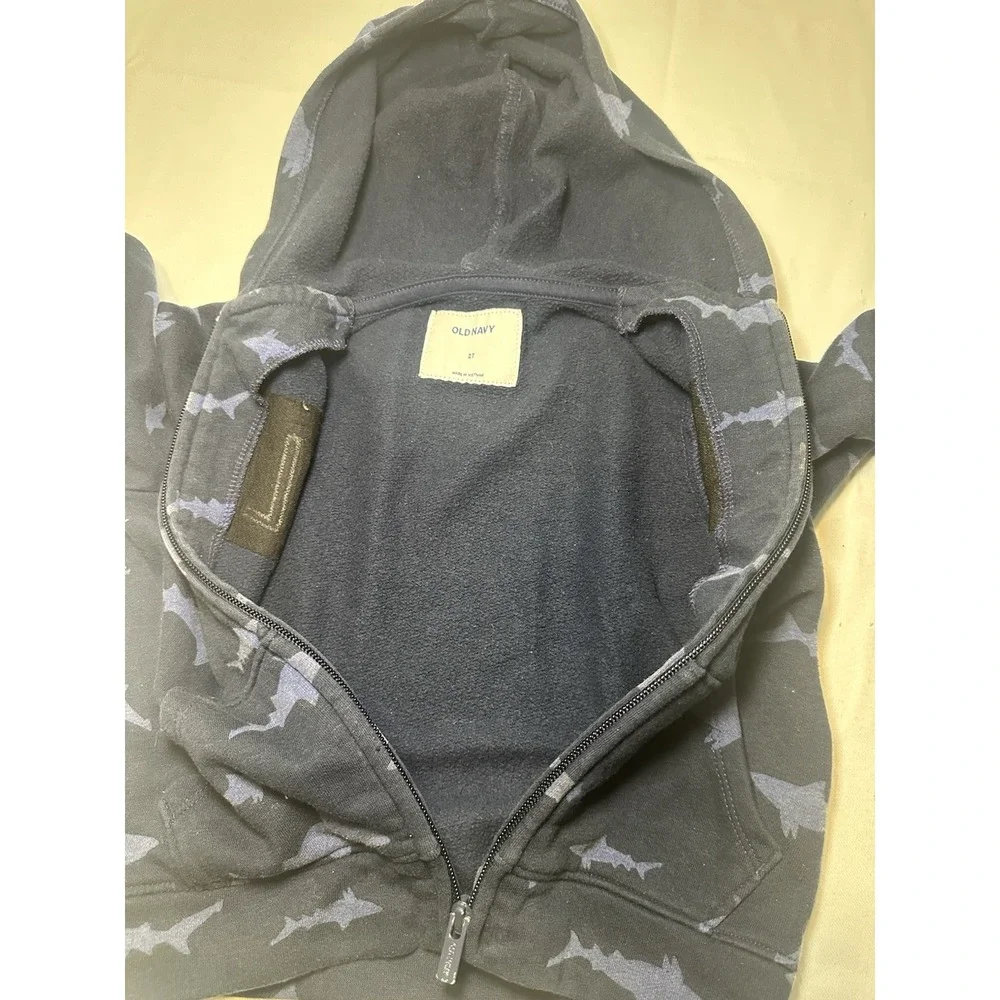 Old Navy Toddler Boys Shark Print Zip Up Hoodie Jacket Size 2T Navy Blue Fleece